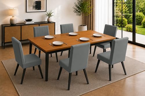 Image of Rosebell 6 Seater Dining Table Set with Cushioned Chairs | Modern Dining Table for Home, Dining Room & Kitchen | Black Metal Legs | Grey