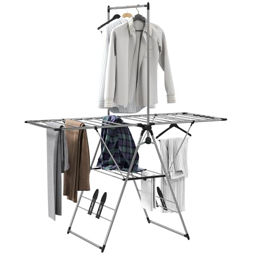 HOMCOM Wäscheständer faltbar mit 2 Ebenen, verstellbaren Flügeln und Schuhhaltern, Standtrockner Flügelwäscheständer Wäschetrockner für Innen- und Außenbereich, 156,5x68x192cm, Edelstahl, Silber