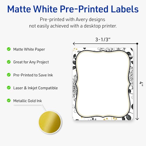 Avery Printable Rectangle Labels with Sure Feed Technology, 4" x 3-1/3", Pre-Printed Flourished Gold & Black Florals Design, Matte White, Laser & Inkjet Compatible, 40 Total by Avery - Image 2