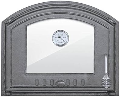 Tradehub Cast iron fire door pizza bread stone wood oven stove smoke clay fireplace with thermometer and heat resistant glass | External dimensions: 485x315 mm | Opening direction: left