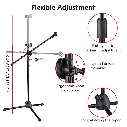 Aw Adjustable Height Microphone Stand Dual Mic Clip 90-Degree Rotating Folding Type Boom Arm Tripod For Live Stream Stage #TOP1
