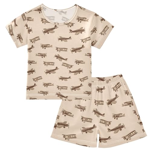 Retro Cartoon Airplane Summer Cute Pajama Sets, Short Sets for Daily Wears and Sleep Wears