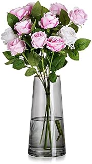 Glasseam Large Glass Handmade Grey Vase, 28cm Tall Modern Flower Vase for Pampas Grass Wide Neck Gold Rimmed Living Room Decoration for Daffodils Tulip Roses Posy Dining Table Centrepiece