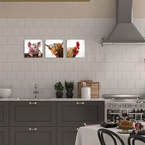 Farm Animal Farmhouse Wall Art: Highland Cow Rooster Pig Head Picture For Kitchen, 3 Piece Rustic Farmhouse Decor Vintage Canvas Print Living Room Home Decoration #TOP6