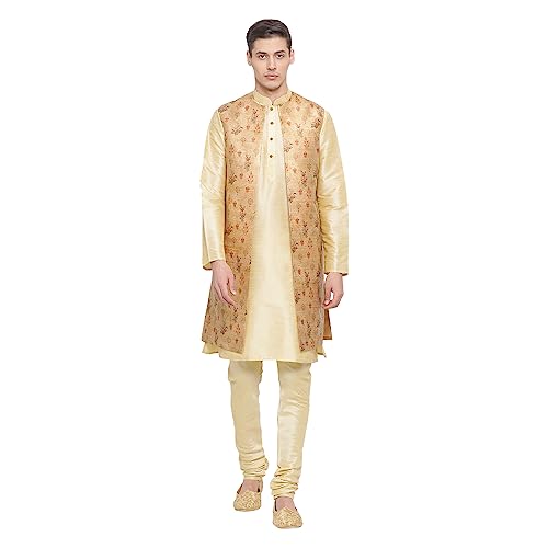 Image of VASTRAMAY Men's Beige Cotton Silk Blend Kurta, Ethnic Jacket and Pyjama Set