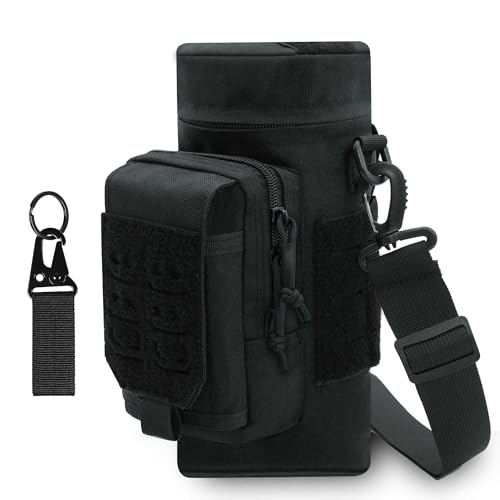 Laser Cutting Molle Water Bottle Pouch with Phone Holder & Strap, Military Army Tactical Molle Water Pouches Carrier Holder for Hiking Camping Outdoor Sport Travel(Black)