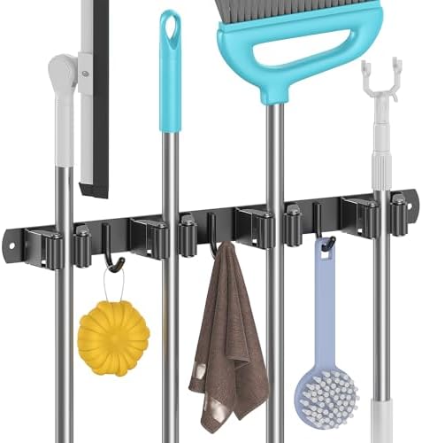 Adhesive Broom and Mop Hanger, Wall Mount Broom Holder with 4 Bra...