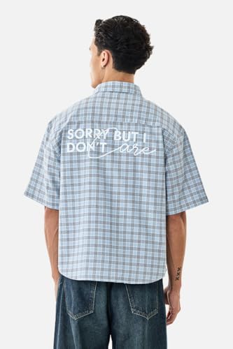 Image of SNITCH Men Casual Shirt | Box Fit Half Sleeve Point Collar Check Pattern with Back Text | 100% Cotton Lightweight & Breathable Fabric