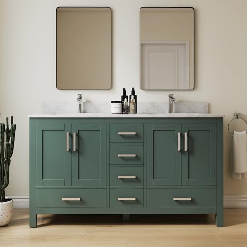 SJ STAR&JANE 60 inch Double Sink Bathroom Vanity with Cultured Marble Top, Freestanding Solid Wood Bath Vanity with Doors and Drawer, Fully Assembled