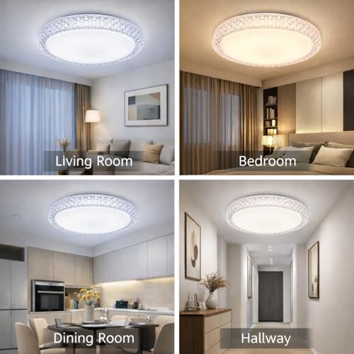HUA QIANG WANG 40cm LED Flush Mount Ceiling Light, 3-Color Changeable by Wall Switch, Modern Round Ceiling Lamp with Crystal-Style Edge & Plastic Shade, Non-Dimmable, No Remote, Hardwired Fixture