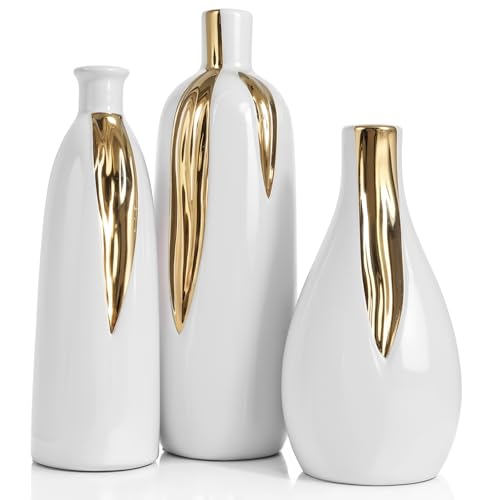 White and Gold Vase Set of 3, Modern Ceramic Decorative