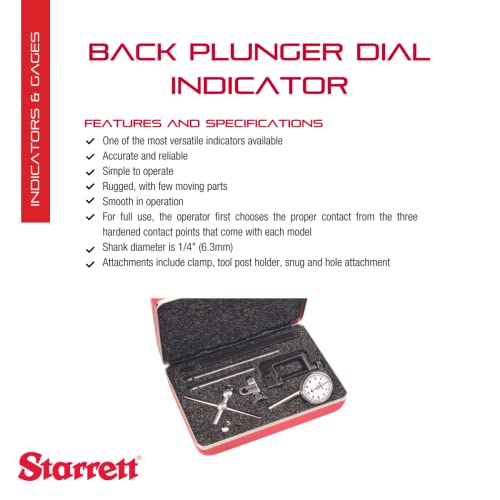 Starrett Universal Dial Test Indicator Set With Back Plunger For Full Use - White Face, 0-50-0 Reading, 200" Range, 0.001" Graduation, 1/4" Shank Diameter For Mounting - 196A5Z #TOP1