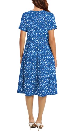 Image of Womens Summer Short Sleeve Crew Neck Midi Dress 2026 Casual Fit Flowy Tiered Beach Vacation Sundress with Pockets