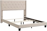 Vista 4 de Elegante cama tapizada de madera con plataforma tapizada de madera, tamaño Queen, marco de cama con cabecera tapizada de tela de lino con botones