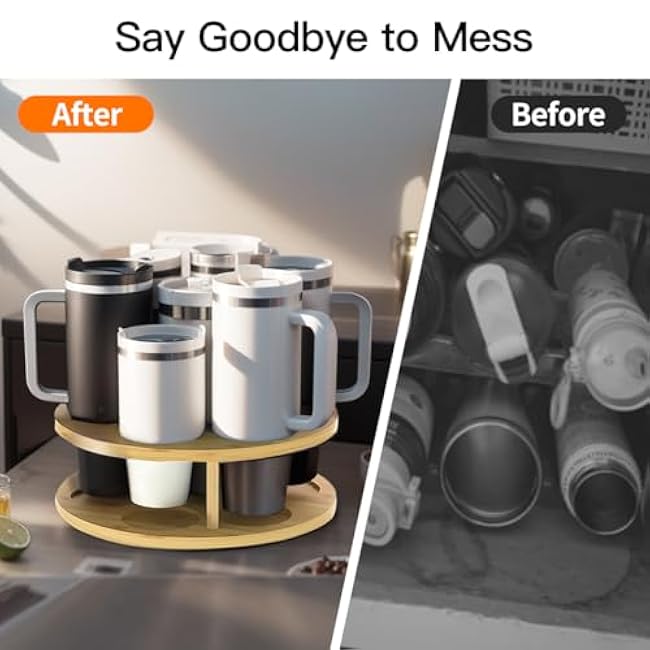 Bamboo Stanley Cup Holder with Water Bottle Organizer for Stanley Tumbler - Cup Holder Stand for Water Bottle and Stanley Cup Accessories, Compatible with 14 to 40oz Cups as Stanley