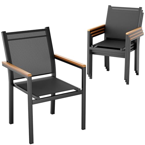 LIFERUN Garden Chairs Set of 4, Stackable Aluminium Outdoor Dining Chairs, Textilene Patio Bistro Chair with WPC Armrests for Garden Backyard Terrace Poolside