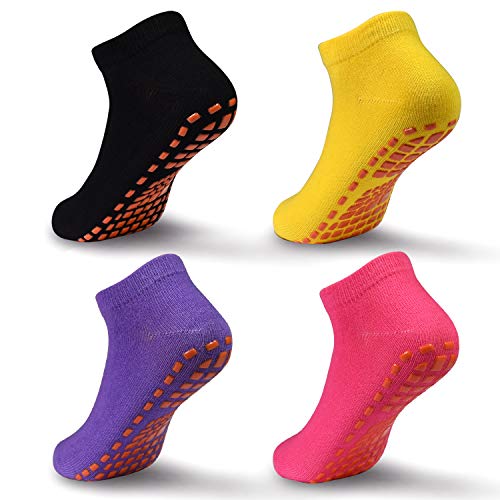 ELUTONG Kleinkind-Griffe Knöchelsocken, Kinder Anti-Rutsch-Socken Trampolin Kinder Slide Gripper Socken für 2-9 Jahre Baby Jungen und Mädchen, 4 Paar, 07 Schwarz + Hellgelb + Rosarot + Lila, L Cover