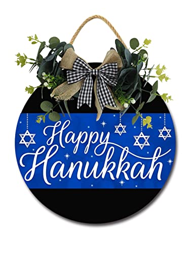 Happy Hanukkah Front Door Sign Funny Wreaths Hanging Wooden Plaque Decoration Round Rustic Wood Farmhouse Porch Decor for Home Front Door Decor 11 x 11 Inch