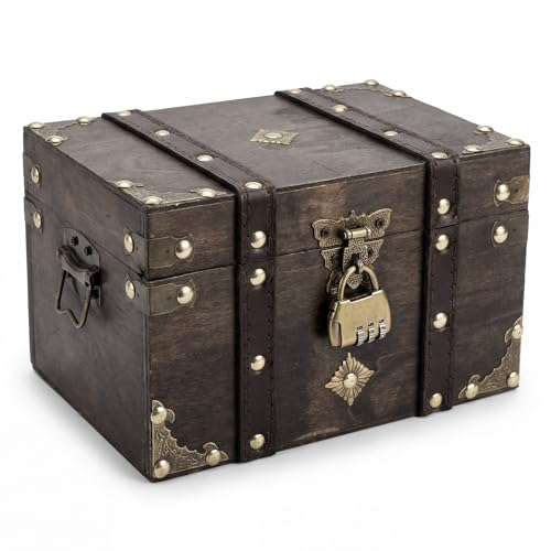 Dexpally Large Pirate Treasure Chest Treasure Box with Lock (22 x15 x14cm) Vintage Wooden Chest for Home Decor Great Christmas Xmas Gifts for Storing Jewelry Treasure