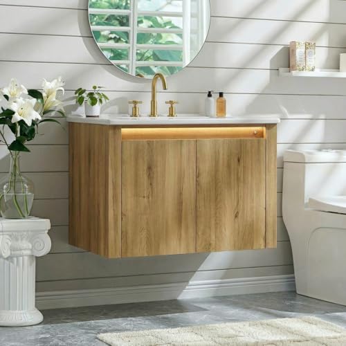 ONBRILL Farmhouse Bathroom Vanity Floating Bathroom Vanities with Auto Motion Sensor LED Light 3 Hole Integrated Ceramic Basin & Soft Closing Doors for Small Space Hotel (24 Oak)