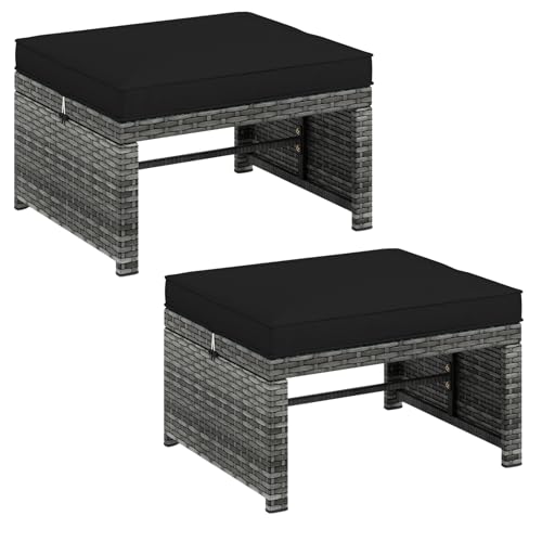 CHEFJOY Outdoor Ottomans, Set of 2 PE Rattan Foot Stool w/Soft Zippered Cushions, Multipurpose Patio Ottomans, Outdoor Furniture for Backyard, Additional Seating, Footrest, Side Table (Black)