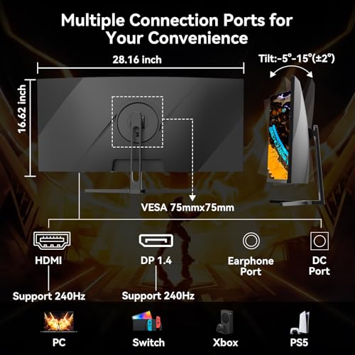 undefined SANSUI 32 Inch Curved 240Hz Gaming Monitor High Refresh Rate, FHD 1080P Gaming PC Monitor HDMI DP1.4, Curved 1500R, 1Ms MPRT, HDR,Metal Stand,VESA Compatible (ES-G32C3F DP Cable Incl.) の商品画像 7