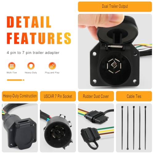 Image of Zhushan 7-Way Blade & 4-Way Flat Trailer Wiring Adapter, Dual-Output Vehicle-Side Connector Harness, Conversion for Factory USCAR 7 Pin Socket