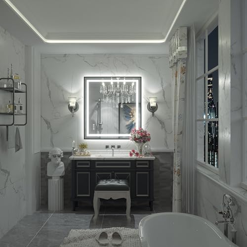 Image of 28x32 LED Bathroom Mirror with Lights, Dimmable Framed Bathroom Vanity Mirror, Backlit and Front Lighted, Anti-Fog, Shatter-Proof, Memory, ETL Listed (Horizontal /Vertical)