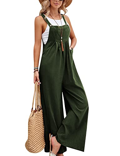 Rxozrxoz Womens Wide Leg Overalls Loose Fit Button Baggy Cotton Linen Bib Jumpsuits With Pockets(Armygreen-S) #TOP11