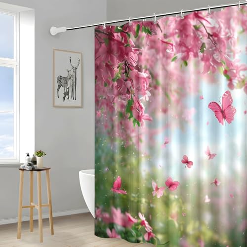 Rideau douche vert rose en polyester lavable 180x200cm pour baignoire - 5