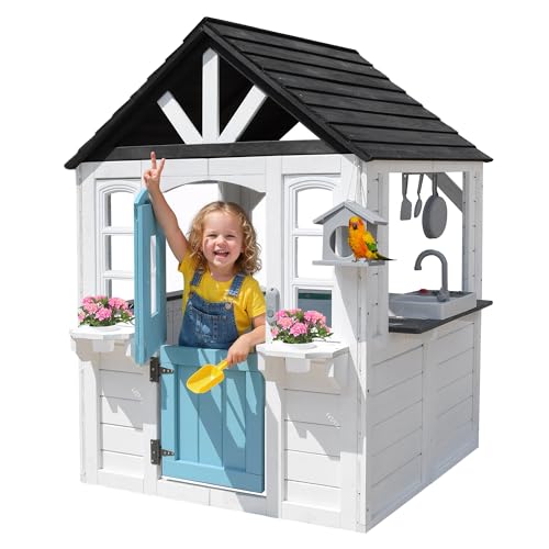 Seizeen Cedar Wooden Kids Playhouse with Dutch Door, Play Kitchen, Interactive Doorbell, Birdhouse & Flowerpot Holders, Indoor and Outdoor Play House Cottage for Imaginative Play, Ages 2+ Years Old