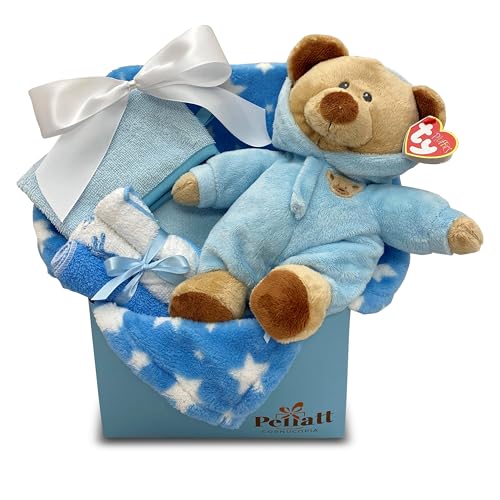 Newborn Baby Boy Gift Basket with Fleece Blanket, Teddy Bear, Washcloths, Bathtime Accessory