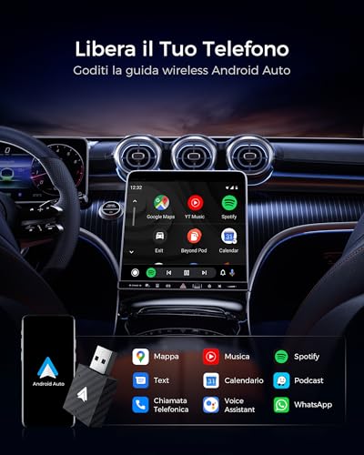 Wityeye Adattatore Android Auto Wireless, Bluetooth V5.3 Connessione Stabile, Wifi 5.8Ghz Ad Alta Velocità, Usb C/A, Converte Da Cablato A Wireless Per Smartphone Android 11+ - 2