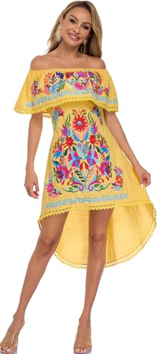 Image of YZXDORWJ Women's Mexican Asymmetrical Dress Embroidered Floral Off-Shoulder Cocktail Latina Fiesta Dress