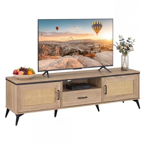 Tangkula Boho TV Stand for 65 Inch TVs, Mid Century Modern Media Entertainment Center with Drawer, 2 Cabinets with Rattan Doors, Metal Legs, Cable Hole, TV Console Table for Living Room (Oak)