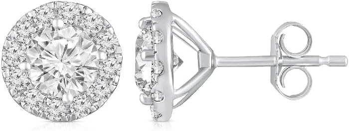 3/4 Carat - 2 Carat Lab Grown Diamond Halo Earrings | 14K Yellow or White Gold 4-porg Stud Earrings for Women | D-E Color and VS Clarity