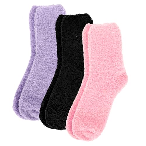 Psyqtsuary 3 par gosiga strumpor damer furry varma strumpor damer fluffiga flerfärgade termostrumpor damer hög elasticitet julstrumpor sovstrumpor tjocka strumpor för jul vinter, rosa, lila, svart,