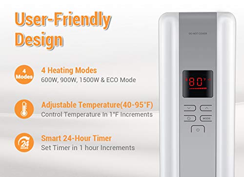 Space Heater, 1500W Oil Filled Radiator Heaters Indoor Portable Electric with Remote, Built-in 24-Hrs Auto On/Off Timer, Digital Thermostat, ECO Mode, Safe and Quiet Heater for Home Office Use, Black - Thumbnail 2