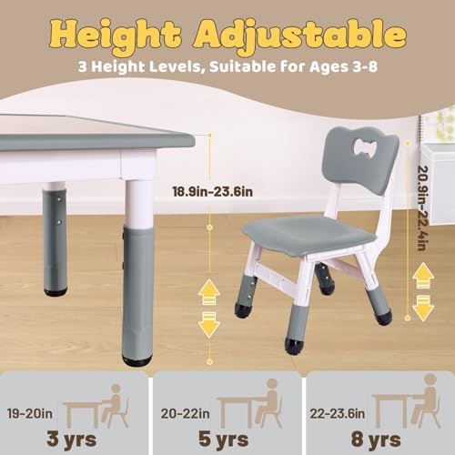 Image of FUNLIO Kids Table and 4 Chairs Set for Ages 3-8, Height Adjustable Toddler Table and Chair Set, Easy to Wipe Arts & Crafts Table, for Classrooms /Daycares /Homes, CPC & CE Approved (5-Piece Set) - Gray