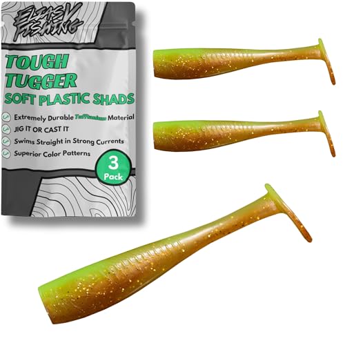 EliasV Fishing Tough Tugger Paddle Tail Swim Baits Ultra Durable Soft Plastic Paddletail TuffTanium Swimbaits (Gator Glitter 3 Pack 5.5)
