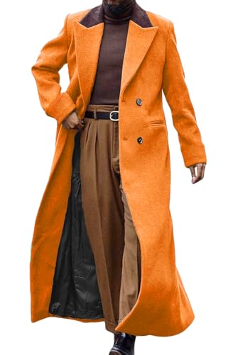 Image of Man's Double Breasted Full Length Trench Coat Casual Corduroy Collar Long Jacket Peacoat Wool Blend Winter