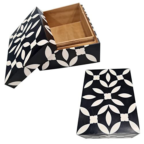 Collectiblesbuy Handmade Natural Bone Inlay Decorative Jewelry & Storage Box Floral Design - Black & White #TOP3