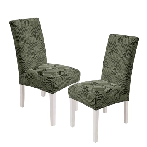 JIVINER Stretch Dining Chair Slipcovers Set of 2, Geometrical Jacquard Dining Chair Covers, Washable Kitchen Chair Covers for Dining Room, Hotel, Party, Army Green