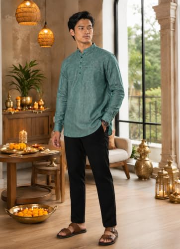 Image of Majestic Man Men's Cotton Blend Textured Regular Fit Full Sleeve Short Kurta
