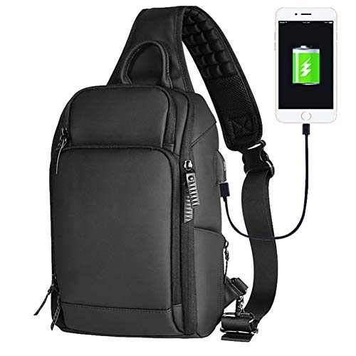 Sling Backpack for Men Waterproof Shoulder Crossbody Bag Chest Bag Pack with USB Charging Port Large Sling Bag Fits 9.7 Inch Ipad (Black-2)