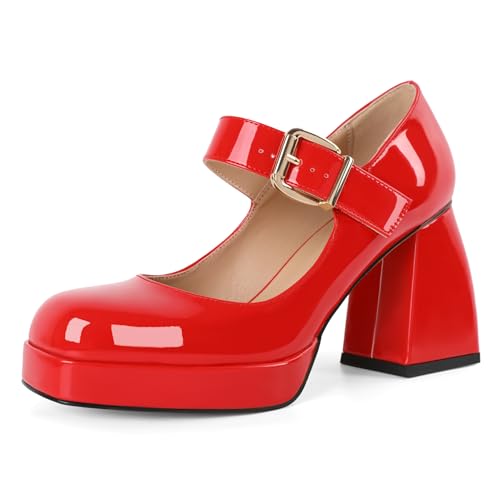 Soireelady Womens Chunky Platform Heels, Mary Jane Shoes Block Heel Pumps, High Heel Square Toe Heels Ankle Strap Dress Shoes Comfort Fashion 4 Inch
