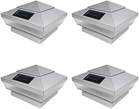 iGlow 4 Pack Silver Outdoor Garden 4 x 4 Solar 5-LED Post Deck Cap Square Fence Light Landscape Lamp Lawn PVC Vinyl Wood