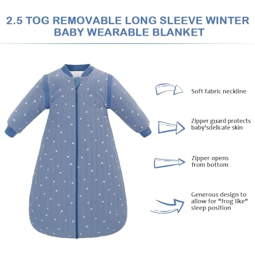 Image of Baby Sleep Sack, TOG 2.5 Winter Wearable Blanket, Removable Long Sleeves Baby Sleeping Bag for Infants and Toddlers, Super Soft Warm Comfortable Sleeping Sack, Blue White Stripes, 6-18M