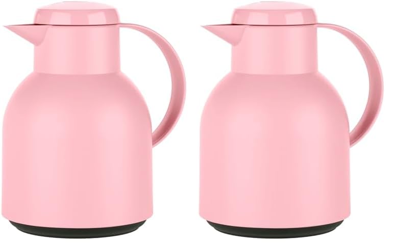 Emsa Samba Isolierkanne F40103 | 1 Liter | Kunststoff, Quick Press Verschluss | 100% dicht | 12h heiß, 24h kalt | Puderrosa (Packung mit 2)
