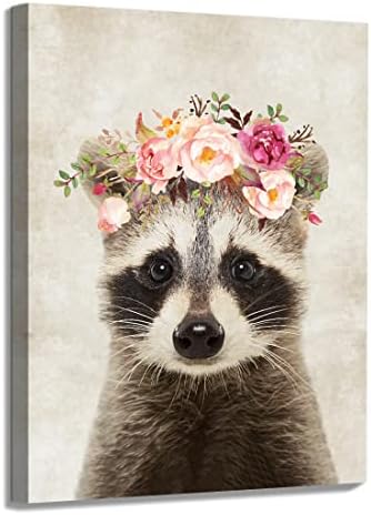 ORIDOMY Cute Raccoon Canvas Painting Retro Animal Portrait Wall Art Decor Funny Raccoon with Garland Picture Framed Safari Animal Art Print Posters for Nursery Kids Bedroom Home Decoration 12"x16"